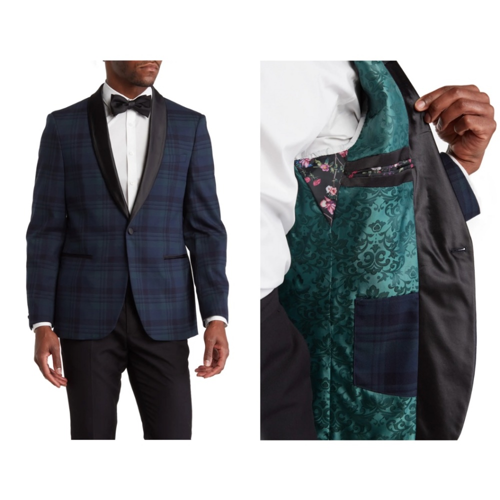 Blackwatch Plaid Satin Shawl Collar Jacket